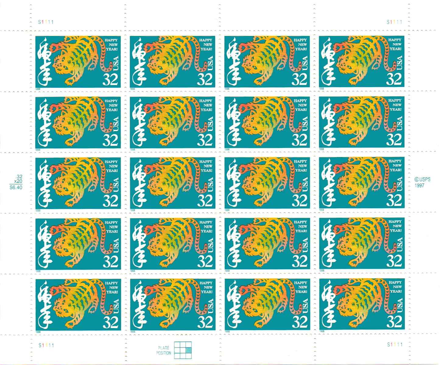 Amazon.com: USPS Lunar New Year Tiger Stamps - Sheet of 20